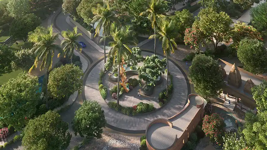 Aerial view of the Sattva City sculpture plaza and circular garden walk